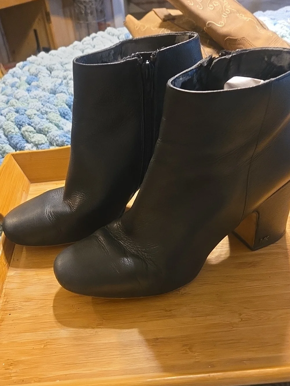 Michael Kors Black Leather Ankle Booties with Block Heel and Side Zip